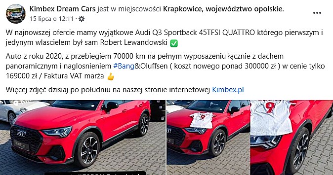 Audi Q3 Sportback Robert Lewandowskiego w ofercie komisu na Opolszczyźnie /Kimbex Dream Cars / Facebook /