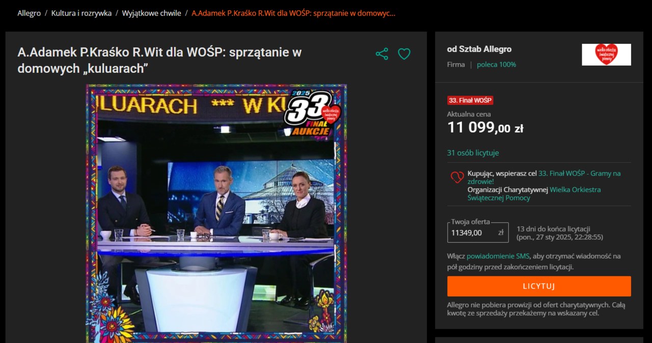 Aukcja gwiazd TVN 24 w ramach WOŚP /Zrzut ekranu/Allegro.pl /materiał zewnętrzny