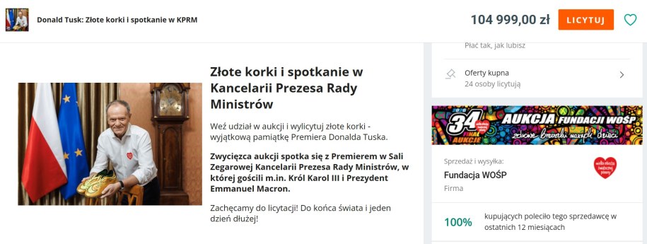 Aukcje WOŚP 2026 - oto co wystawił premier Donald Tusk /WOŚP, screen Allegro /