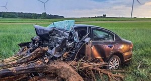 Auto wyrwało drzewo z korzeniami. Młody kierowca nie miał szans