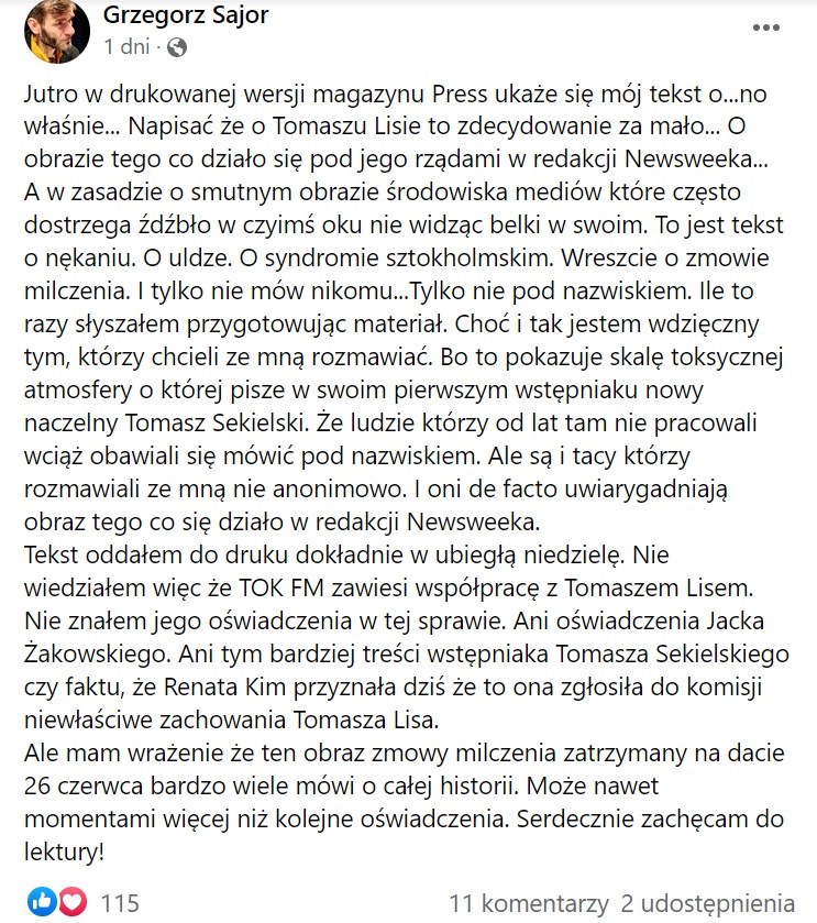 Autor artykułu w magazynie "Press" o tekście dotyczącym Lisa /Facebook