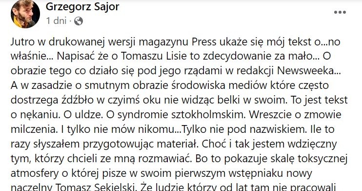 Autor artykułu w magazynie "Press" o tekście dotyczącym Lisa /Facebook