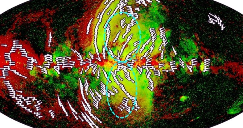 Bąble eROSITA (na zielono) w galaktyce Drogi Mlecznej i pola magnetyczne (na biało). /Zhang et al., Nature Astronomy, 2024 /materiał zewnętrzny