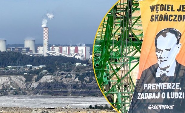 Baner z Tuskiem w Bogatyni. Aktywiści okupują maszynę