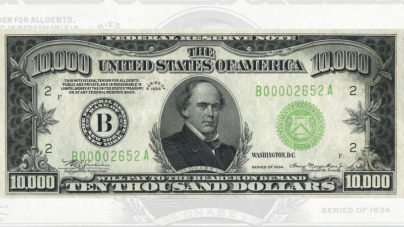 banknot 10 tys. dolarów został sprzedany na aukcji (na zdjęciu widoczny jest podobny, różni się numerem) /United States Government/domena publiczna /Wikimedia