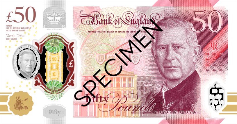 Banknot o nominale 50 funtów z wizerunkiem króla Karola III /BANK OF ENGLAND /materiały prasowe