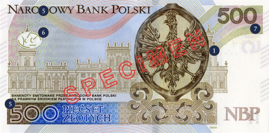 Banknot o nominale 500 zł - tył /NBP /
