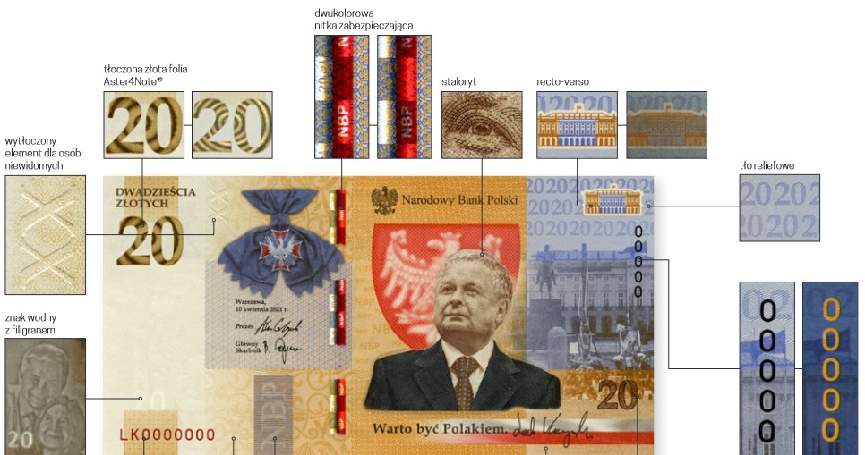 Banknot okolicznościowy NBP "Lech Kaczyński. Warto być Polakiem" - strona przednia /NBP