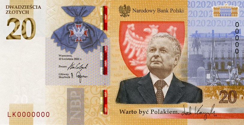 Banknot okolicznościowy NBP "Lech Kaczyński. Warto być Polakiem" - strona przednia /NBP