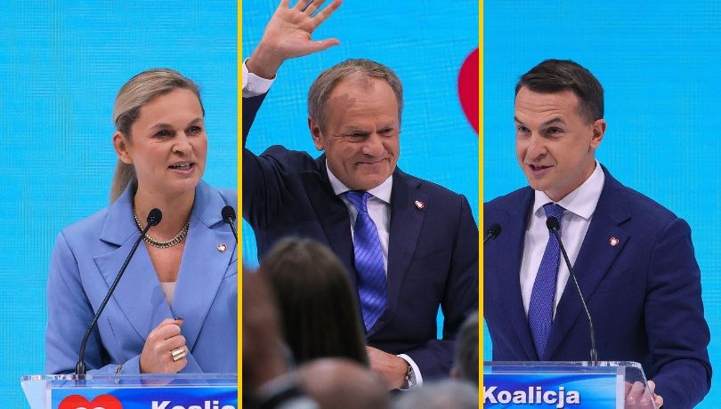 Barbara Nowacka, Donald Tusk, Adam Szłapka; konwencja Koalicji Obywatelskiej; Warszawa, 25 października 2025 /Paweł Supernak /PAP