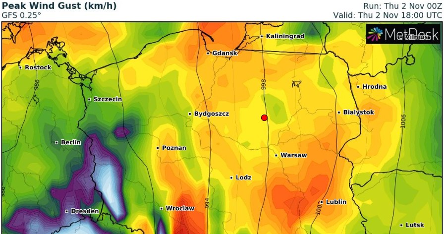 Bardzo silny wiatr, osiągający nawet 150 km/h, spodziewany jest na południu kraju /wxcharts