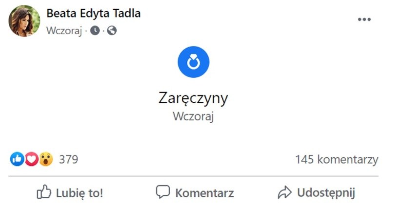 Beata o zaręczynach poinformowała w sieci /Facebook