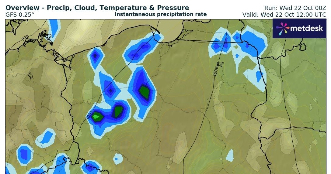 Będzie pochmurnie i deszczowo, przede wszystkim na zachodzie. Jednocześnie w tej części Polski będzie najcieplej /WXCharts /