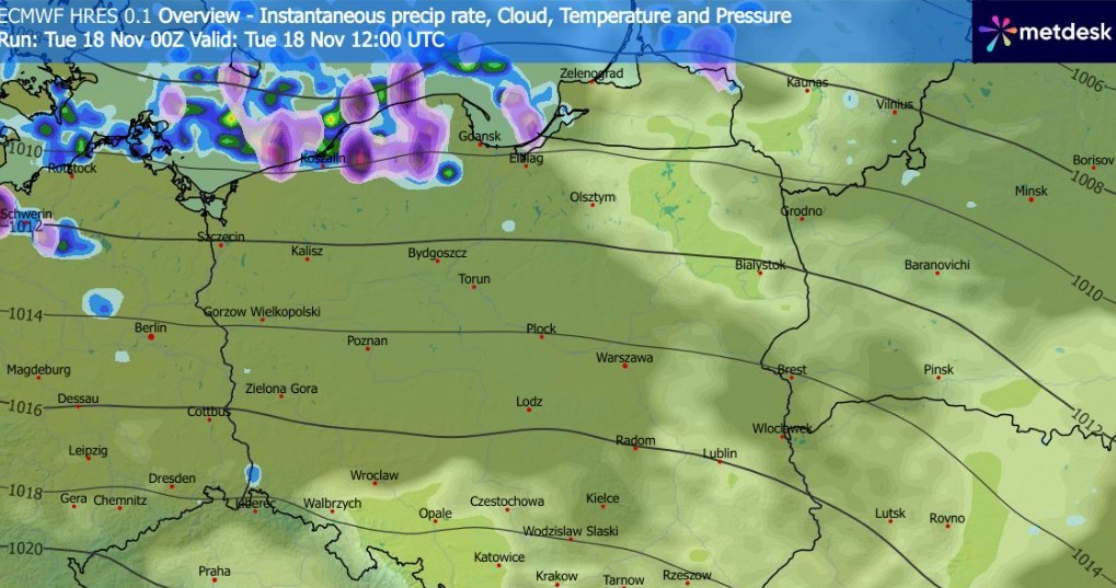 Będzie pochmurnie i deszczowo w wielu miejscach. Nie zabraknie też lokalnych opadów śniegu /WXCharts /