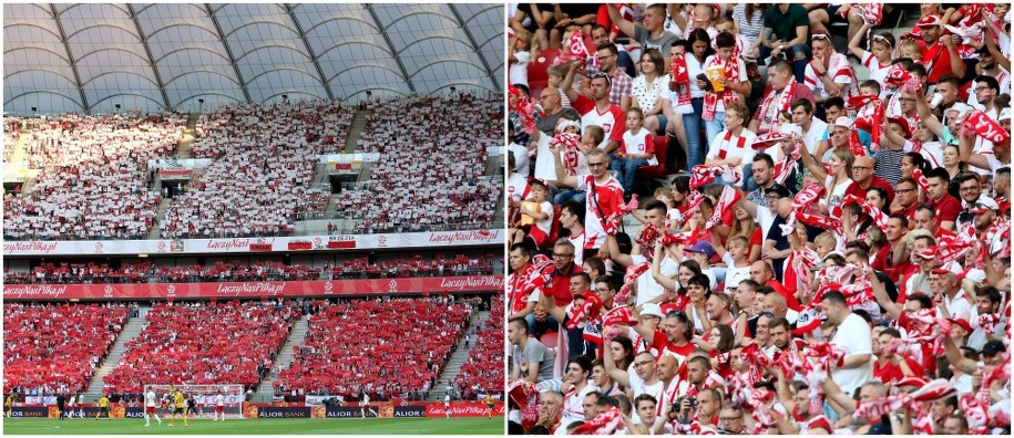 Biało-czerwoni kibice na trybunach PGE Narodowego w trakcie towarzyskiego pojedynku kadry Adama Nawałki z reprezentacją Litwy / 	Leszek Szymański    /PAP