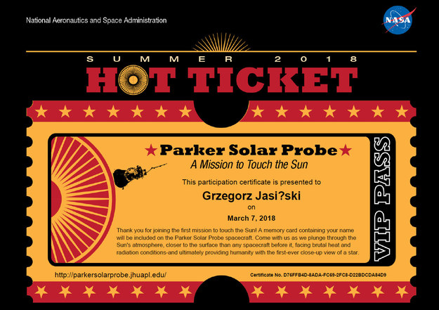 Bilet Grzegorza Jasińskiego na Słońce /NASA /Zrzut ekranu
