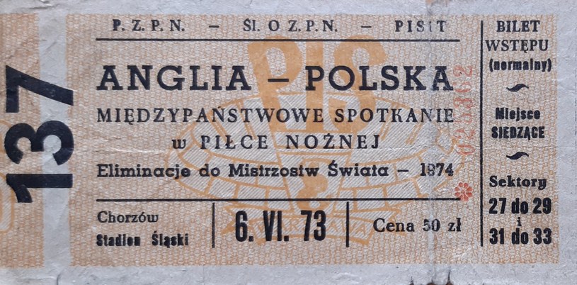 Bilet z meczu Polska - Anglia z 1973 roku - jedynego, który wygrali Biało-Czerwoni /archiwum Pawła Czado /INTERIA.PL