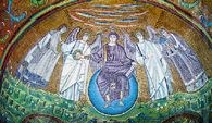 Bizantyjska sztuka: mozaiki w prezbiterium kościoła San Vitale, Rawenna, 546-548. /Encyklopedia Internautica