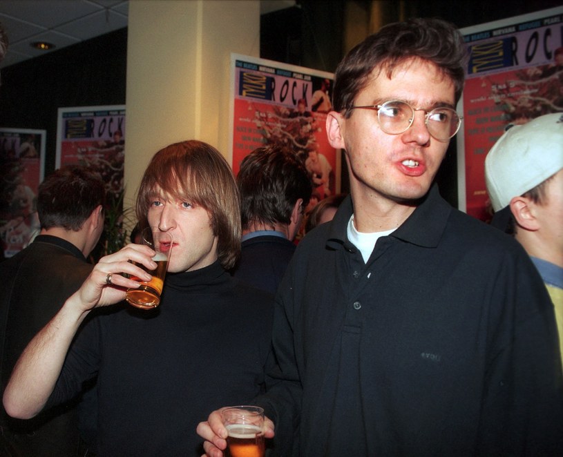 Bogdan Łyszkiewicz i Kuba Wojewódzki w 1996 podczas rozdania nagród miesięcznika "Tylko Rock " /Mieczyslaw Wlodarski/Reporter /East News