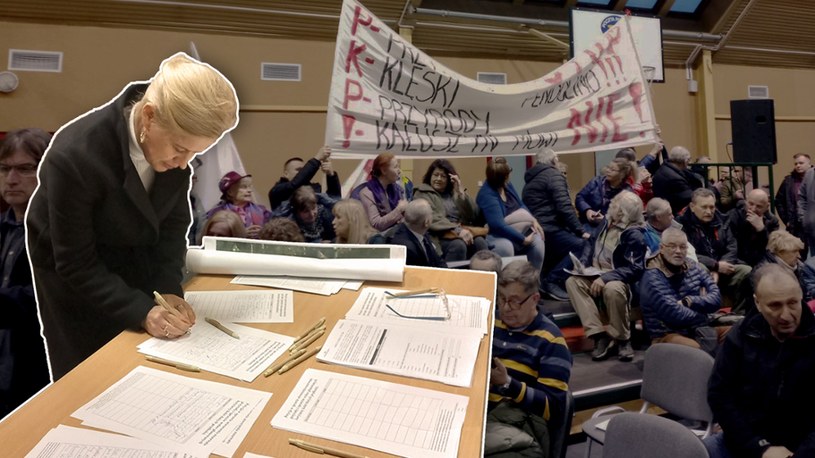 Bożena Żelazowska podpisuje petycję dot. nowych linii kolejowych. W tle protestujący mieszkańcy /Jakub Szczepański /INTERIA.PL