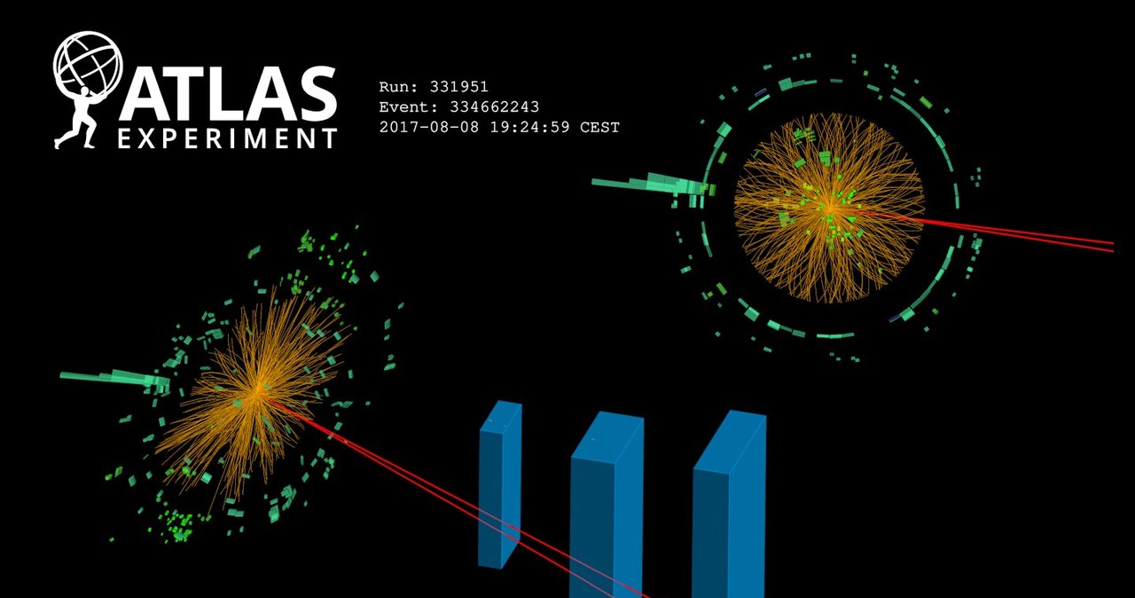 Bozon Higgsa rozpada się na dwa miony (czerwone linie) i foton (zielone linie) /materiały prasowe