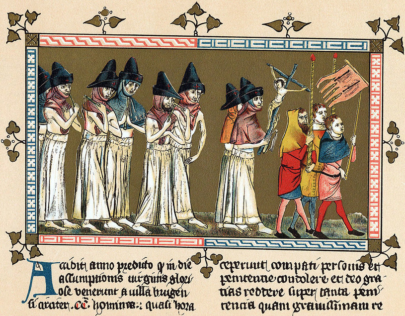 Bracia Krzyża idą w procesji i biczują ciało, aby uwolnić świat od czarnej śmierci (1349 r. Chronica Aegidii Li Muisiu) / Print Collector / Contributor /Getty Images