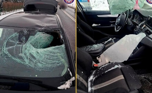 Bryła lodu spadła z tira i przebiła szybę jadącego z tyłu BMW