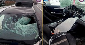 Bryła lodu spadła z tira i przebiła szybę jadącego z tyłu BMW