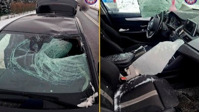 Bryła lodu spadła z tira i przebiła szybę jadącego z tyłu BMW
