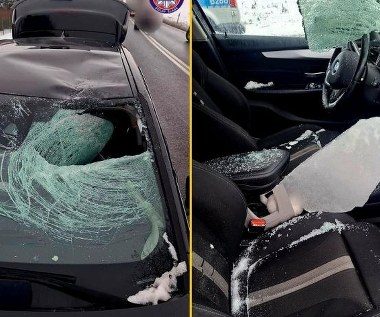 Bryła lodu spadła z tira i przebiła szybę jadącego z tyłu BMW