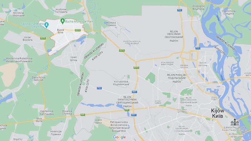 Bucza leży niedaleko Kijowa, sąsiaduje bezppśrednio z miasteczkiem Irpień /Google Maps /