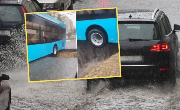 Burza sieje spustoszenie. Trolejbus zawisł nad zapadliskiem