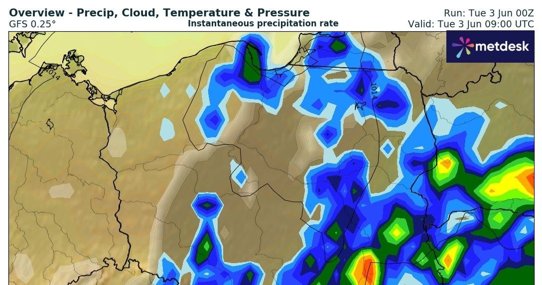 Burze i ulewy opanują przede wszystkim wschodnią połowę Polski. Najsilniejszych zjawisk można się spodziewać na południowym wschodzie /wxcharts /