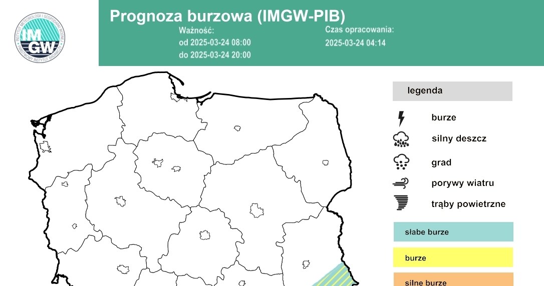 Burze pojawią się w pasie ciągnącym się przez południową część Polski /IMGW /