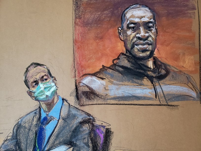 Former Minneapolis police officer Derek Chauvin sits next to a portrait of George Floyd during a trial in which he is accused of murdering a black man / ANE ROSENBERG