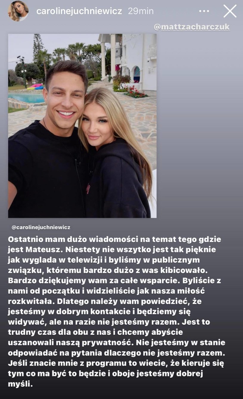 Caroline Juchniewicz poinformowała o rozstaniu /Screen z instastory www.instagram.com/carolinejuchniewicz /Instagram