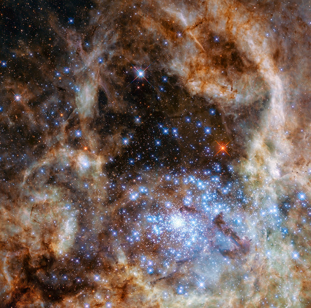 Centralny rejon Mgławicy Tarantula w Wielkim Obłoku Magellana, z R136 nieco w prawo i w dół od środka /NASA, ESA, P Crowther (University of Sheffield) /materiały prasowe