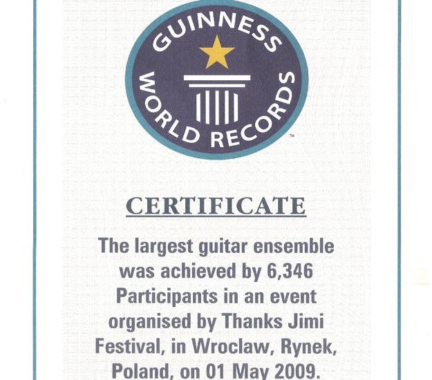 Certyfikat potwierdzający Gitarowy Rekord Guinessa /