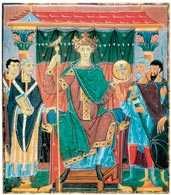 Cesarz Otto III na tronie pomiędzy przedstawicielami władzy duchowej i świeckiej, miniatura, ok. /Encyklopedia Internautica