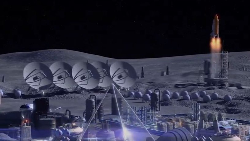 Chiński koncept bazy na Księżycu. W tle wahadłowiec NASA. /CNSA