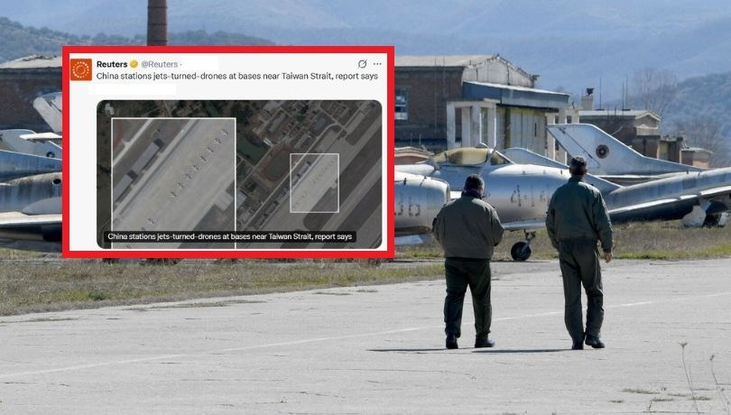 Chiny miały rozmieścić w pobliżu Tajwanu myśliwce przerobione na drony uderzeniowe /GENT SHKULLAKU/AFP/East News/screen Reuters, X /East News