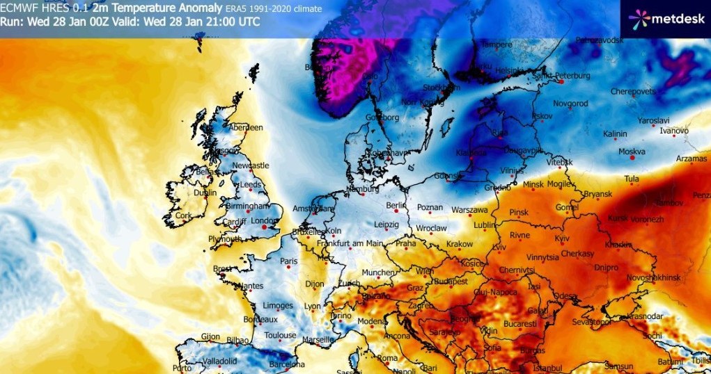 Chłodne powietrze napływa do Polski z północnego wschodu. W nocy miejscami temperatura spadnie do kilkunastu stopni poniżej zera /WXCharts /