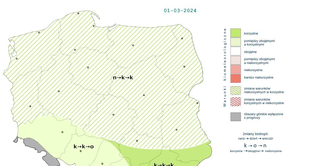 Choć początkowo warunki biometeorologiczne będą niekorzystne, to z czasem poprawią się do korzystnych i takie utrzymają się do wieczora /IMGW /