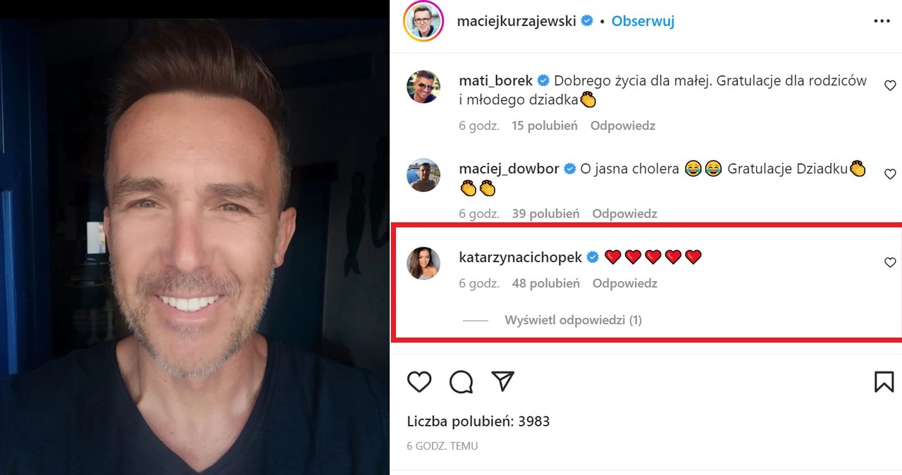 Cichopek komentuje wpis ukochanego /Instagram