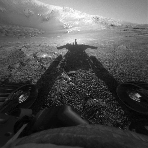 Cień łazika Opportunity, sfotografowany jego własną kamerą 26 lipca 2004 roku, w rejonie Endurance Crater /NASA/JPL-Caltech /Materiały prasowe