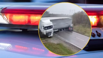 Ciężarówka w poślizgu "zmiotła" osobówkę. Nagranie ku przestrodze