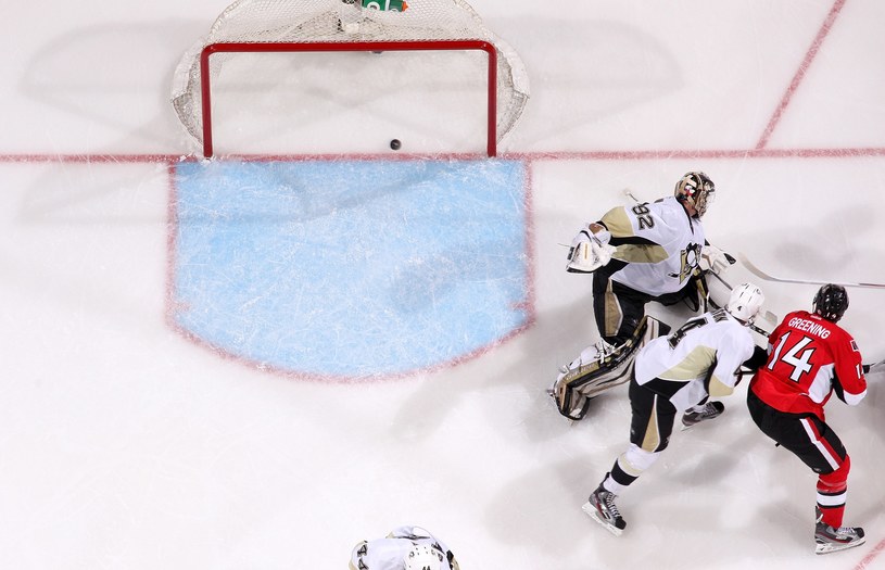 Colin Greening strzela gola dla Ottawa Senators w meczu z Pittsburgh Penguins /AFP