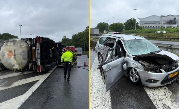 Cysterna przewrócona na A4. Na autostradzie lądował LPR