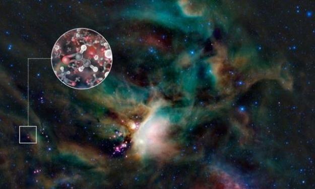 Cząsteczki cukru w kosmosie - wizja artysty.   Fot. ALMA (ESO/NAOJ/NRAO); NASA /materiały prasowe