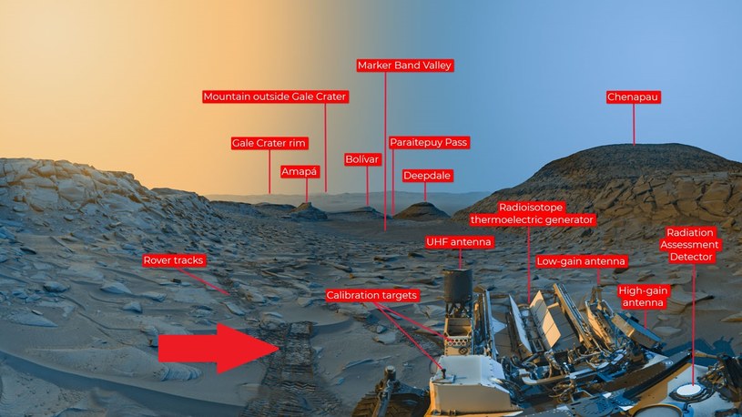 Czerwona strzałka pokazuje ślad, który pozostawiły koła łazika Curiosity /NASA